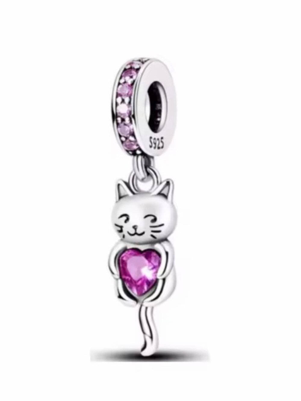 Sterling Silver Cat Charm with Pink Heart Gem